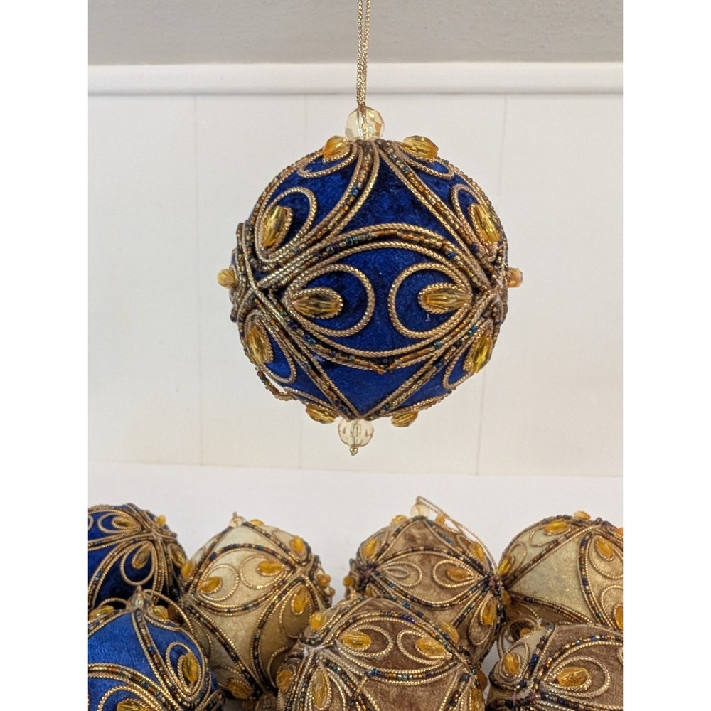 Lot 9 Blue Gold Velvet PUSH PIN Christmas Ornaments Beaded Trim MCM Vintage - Picture 6 of 16